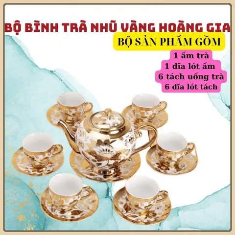 Bộ ấm chén uống trà 6 tách kèm 7 dĩa sang trọng hoa văn nhũ vàng hoàng gia cao cấp mẫu ngẫu nhiên