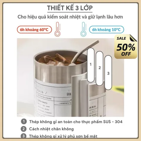 Ly giữ nhiệt iced americano inox 304 cao cấp chống gỉ 600ml, cốc uống nước giữ nhiệt có ống hút tiện lợi