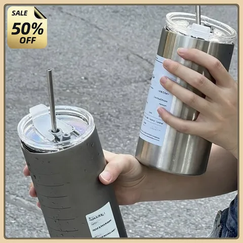 Ly giữ nhiệt iced americano inox 304 cao cấp chống gỉ 600ml, cốc uống nước giữ nhiệt có ống hút tiện lợi