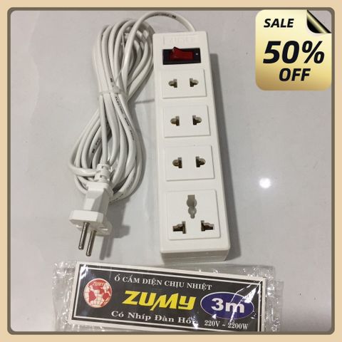Ổ cắm điện dây dài 3m có công tắc 4 lỗ. Ổ cắm điện loại tốt , Ổ cắm chống cháy 2200W có nhíp đàn hồi