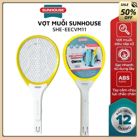 Vợt muỗi, Vợt bắt muỗi Sunhouse SHE-EECVM11, nhựa ABS chịu va đập mạnh,có đèn báo sạc, bảo hành 1 năm