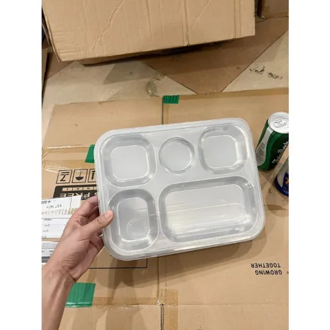 ( thanh lý ) Khay cơm INOX 5 ngăn KT 31 x 24 cm Khay đựng cơm 5 ngăn inox không gỉ sáng bóng