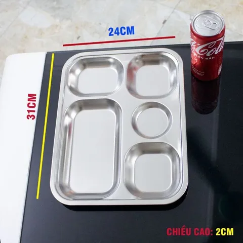 ( thanh lý ) Khay cơm INOX 5 ngăn KT 31 x 24 cm Khay đựng cơm 5 ngăn inox không gỉ sáng bóng