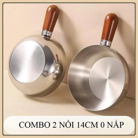 COMBO 2 Nồi Inox 304 Mini Có Tay Cầm Cân Gỗ Cao Cấp, KÍCH THƯỚC 14cm Bát Mì Tức Thì, Bát Salad, Nồi Súp, Lấu Ăn Dặm