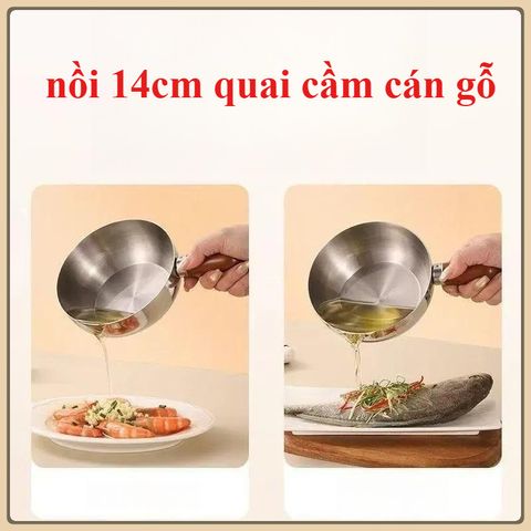COMBO 2 Nồi Inox 304 Mini Có Tay Cầm Cân Gỗ Cao Cấp, KÍCH THƯỚC 14cm Bát Mì Tức Thì, Bát Salad, Nồi Súp, Lấu Ăn Dặm