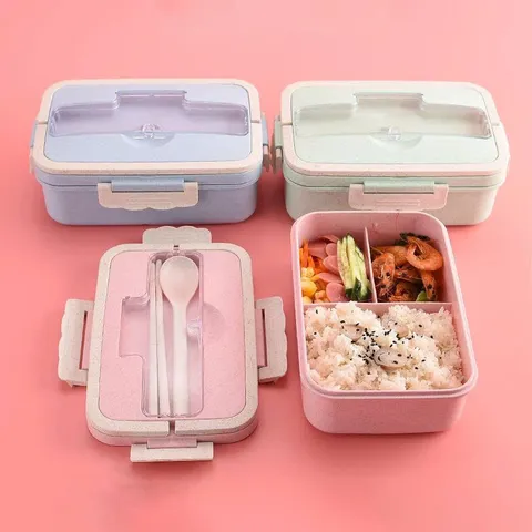 Hộp cơm văn phòng 3 ngăn tiện lợi kiêm giá đỡ điện thoại, kèm muỗng đũa bằng lúa mạch