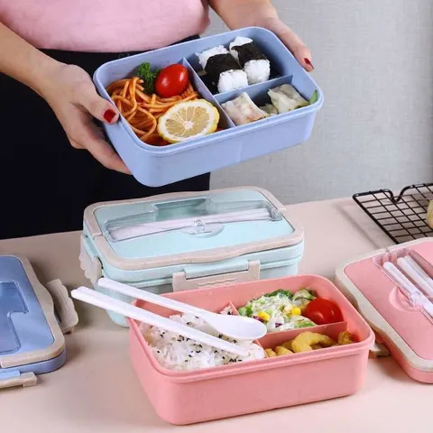 Hộp cơm văn phòng 3 ngăn tiện lợi kiêm giá đỡ điện thoại, kèm muỗng đũa bằng lúa mạch