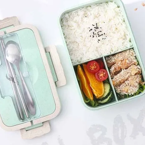 Hộp cơm văn phòng 3 ngăn tiện lợi kiêm giá đỡ điện thoại, kèm muỗng đũa bằng lúa mạch