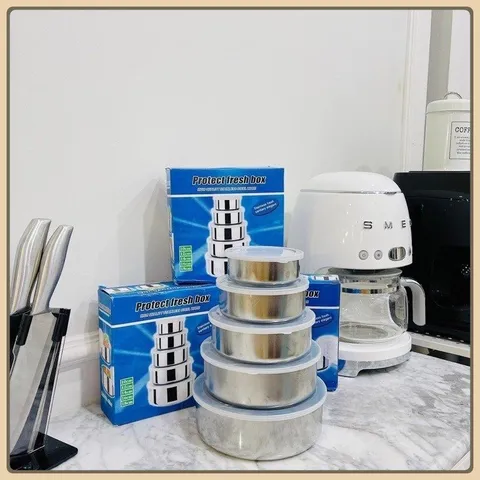 Combo 2 Bộ Thố Lạnh Inox 5 Món, Sét 5 Bát Inox Có Nắp Đậy, Bộ 5 Hộp Đựng Thực Phẩm Inox Cao Cấp