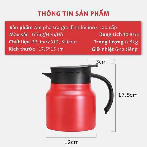 Ấm Trà, Bình Pha Trà Giữ Nhiệt Dung Tích 1000ML Chất Liệu INOX  Có Lưới Lọc Kết Hợp Tay Cầm Tròn Tiện Lợi