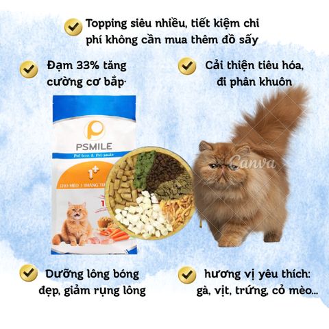 Hạt Cho Mèo Mix Topping Psmile - Thức Ăn Hạt Cho Mèo Từ 1 Tháng - Thức Ăn Cho Mèo Mọi Lứa Tuổi Kèm Topping Gà, Gan, sấy