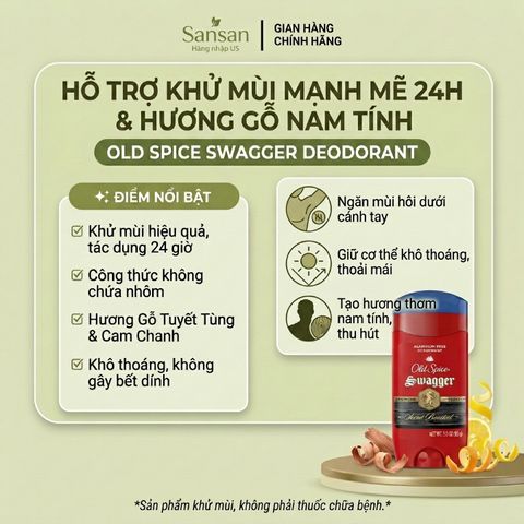 Lăn Khử Mùi Nam Old Spice Swagger 85g, Khử Mùi 24H, Không Nhôm, Hương Gỗ Nam Tính - Nội địa Mỹ