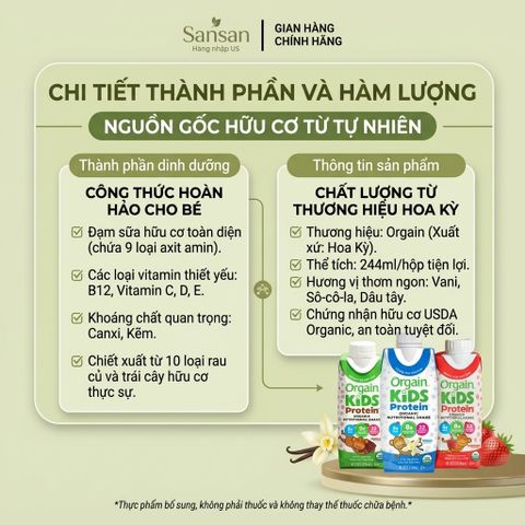 Sữa Khỉ hữu cơ Orgain Kids Protein Shake 244ml Vani/ Dâu/ Socola – 8g Protein, 22 Vitamin, 3g Chất Xơ