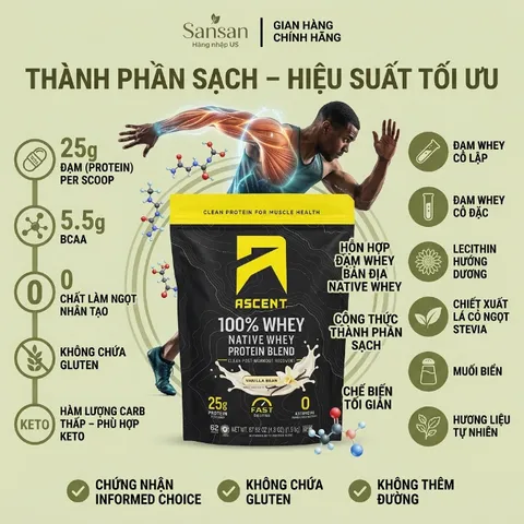 Hỗn hợp Protein Whey nguyên chất Ascent 100% Whey, Vanilla 1.9kg - Nội địa Mỹ