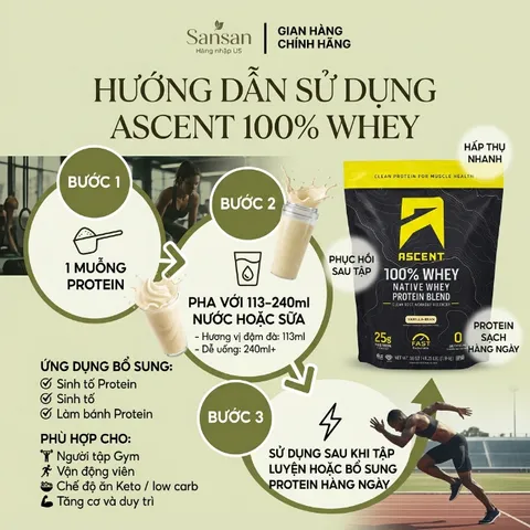 Hỗn hợp Protein Whey nguyên chất Ascent 100% Whey, Vanilla 1.9kg - Nội địa Mỹ