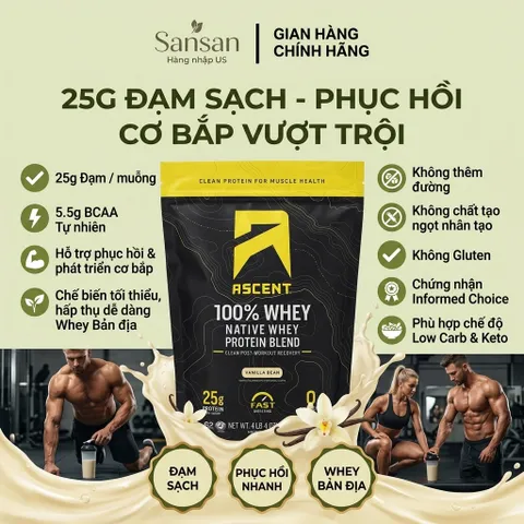 Hỗn hợp Protein Whey nguyên chất Ascent 100% Whey, Vanilla 1.9kg - Nội địa Mỹ