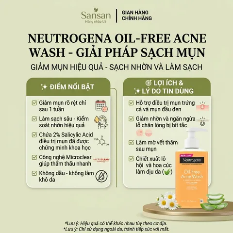 Sữa Rửa Neutrogena Oil-Free Acne Wash Sạch Nhờn, Thông Thoáng Lỗ Chân Lông 269ml,