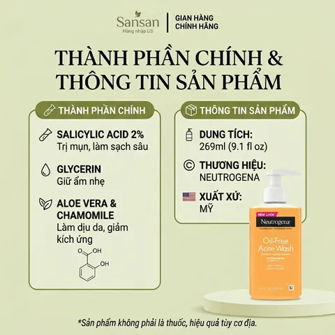 Sữa Rửa Neutrogena Oil-Free Acne Wash Sạch Nhờn, Thông Thoáng Lỗ Chân Lông 269ml,