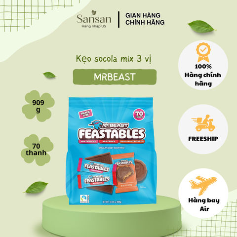 Kẹo Socola MrBeast Feastables Mix 3 Vị - Milk Chocolate, Milk Crunch, Creamy Peanut Butter Cup, 70 Thanh, 909gr - Nguyên Liệu Fairtrade, Hạn Sử Dụng Dài