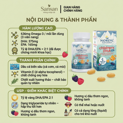 Viên uống Nordic Children's DHA Xtra 636mg - Bổ sung Omega-3 cho trẻ từ 3 tuổi, hỗ trợ trí não và phát triển tư duy, 90 viên Mỹ