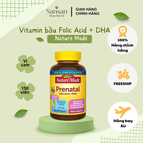 Vitamin Tổng Hợp Cho Bà Bầu Nature Made Prenatal Folic Acid + DHA 150 Viên - Bổ Sung Dưỡng Chất Hỗ Trợ Mẹ Và Bé Khỏe Mạnh