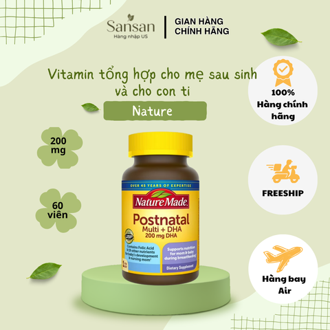 Vitamin Postnatal Multi DHA 60 viên Nature Made - Hỗ trợ phục hồi sức khỏe mẹ sau sinh, tăng cường tiết sữa cho bé