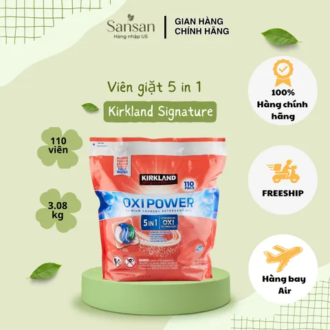 Viên Giặt Kirkland Signature Oxi Power 5 Trong 1, 110 Viên, 3.08kg - Chất Tẩy Vết Bẩn Cao Cấp, Bảo Vệ Màu Sắc, Làm Trắng Sáng