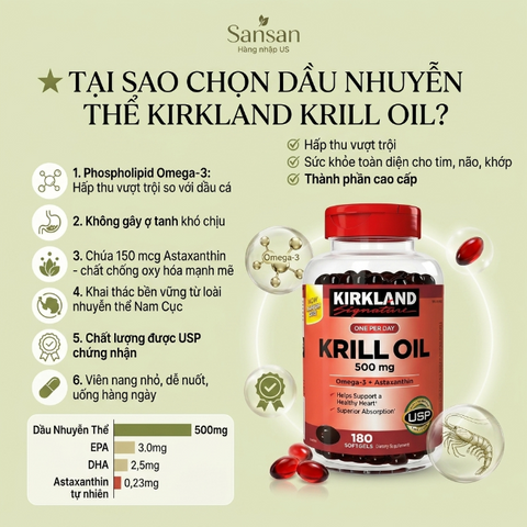 Dầu Nhuyễn Thể Kirkland Krill Oil Omega 3 + Astaxanthin 500mg - 180 Viên Hỗ Trợ Tim Mạch và Tăng Cường Thị Lực