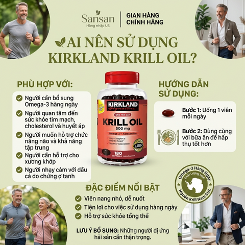 Dầu Nhuyễn Thể Kirkland Krill Oil Omega 3 + Astaxanthin 500mg - 180 Viên Hỗ Trợ Tim Mạch và Tăng Cường Thị Lực