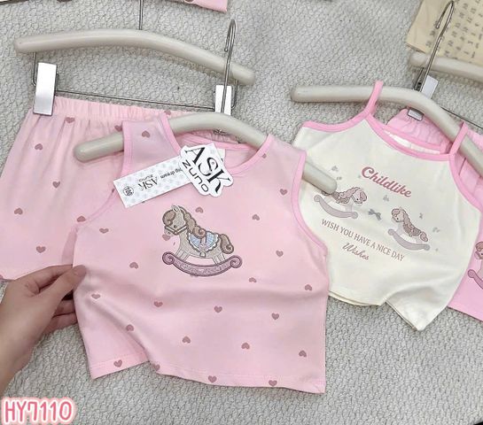 Set bộ ba lỗ hai dây ngựa tim cotton mát mẻ xinh xắn đáng yêu mùa hè phong cách hàn quốc cho bé gái