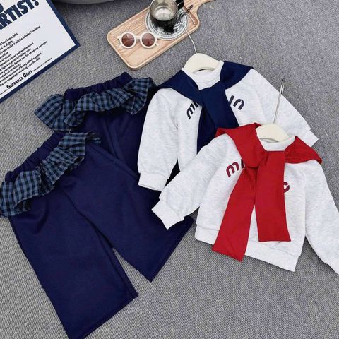 Set bộ nỉ chữ Min kèm khăn choàng phối bèo kẻ quần suông phong cách hàn quốc ấm áp mùa đông cho bé gái 8-28kg