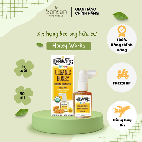 Xịt Họng Keo Hữu Cơ HoneyWorks Kids 30ml - Giảm Ho, Đau Họng Cho Bé Từ 1 Tuổi - Tăng Cường Miễn Dịch