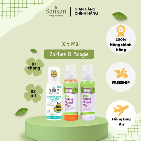 Nước Muối Sinh Lý Zarbee's Boogie Nasal Saline Mist 88ml - Dịu Nhẹ Cho Trẻ Sơ Sinh và Người Lớn, Làm Sạch và Giảm Nghẹt Mũi