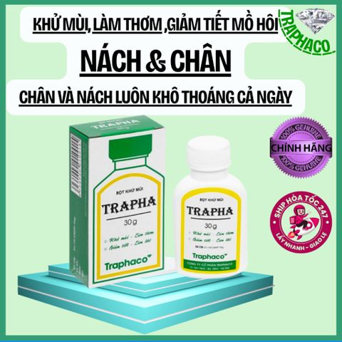 [Che Tên] Bột khử mùi TRAPHA hỗ trợ khử mùi, làm thơm, giảm tiết mồ hôi, khô thoáng cả ngày hộp 30g