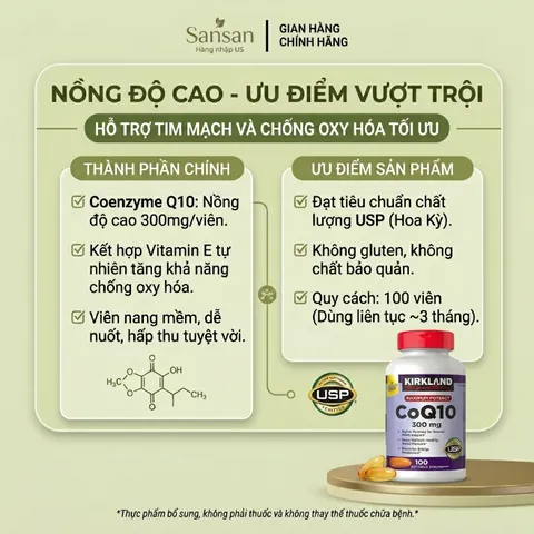Viên uống hỗ trợ tim mạch CoQ10 Kirkland 300mg - Giảm đau thắt, ổn định huyết áp, 100 viên - Chất lượng Mỹ