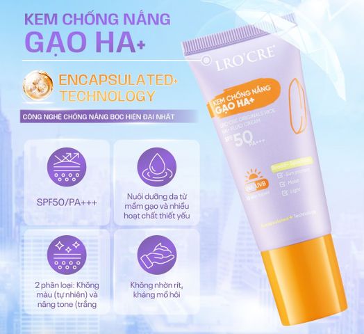 Kem Chống Nắng Lro'Cre Originals Rice HA+ Fluid Cream SPF50PA+++ 30g