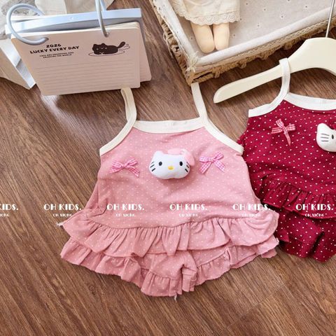 Set bộ hai dây hello kitty bèo đính nơ chấm bi xinh xắn dễ thương mát mẻ phong cách hàn quốc mùa hè cho bé gái