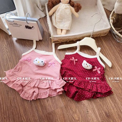 Set bộ hai dây hello kitty bèo đính nơ chấm bi xinh xắn dễ thương mát mẻ phong cách hàn quốc mùa hè cho bé gái