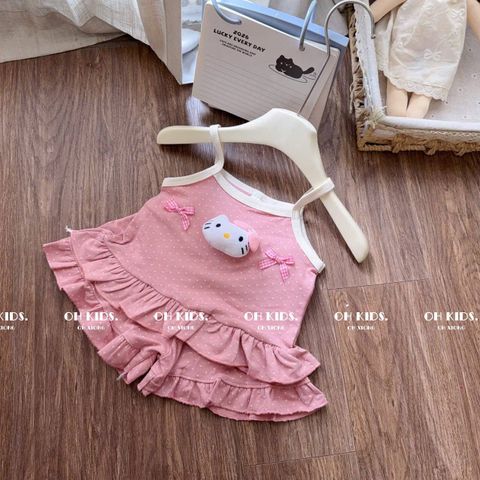 Set bộ hai dây hello kitty bèo đính nơ chấm bi xinh xắn dễ thương mát mẻ phong cách hàn quốc mùa hè cho bé gái
