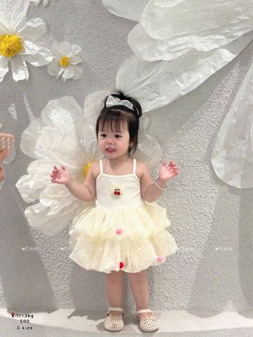 Hàng QC - Váy hai dây cherry công chúa bồng bềnh voan dáng xòe đính chùm cho bé gái mùa hè xinh xắn dễ thương