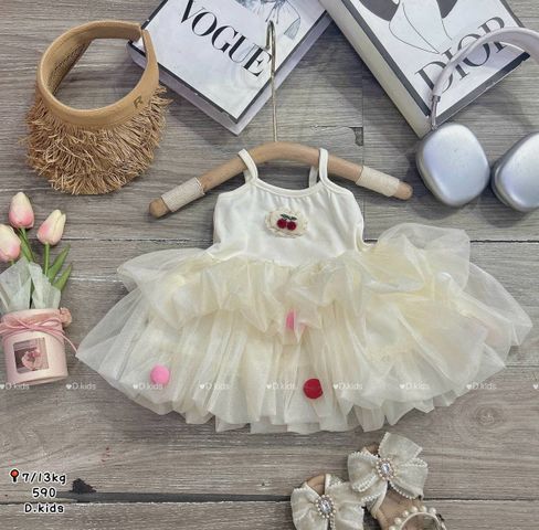 Hàng QC - Váy hai dây cherry công chúa bồng bềnh voan dáng xòe đính chùm cho bé gái mùa hè xinh xắn dễ thương