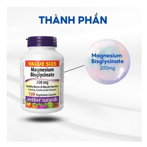 Viên Uống Bổ Sung Magie Webber Naturals Magnesium Bisglycinate 200mg - Hỗ Trợ Sức Khỏe Tốt , 120 Viên 