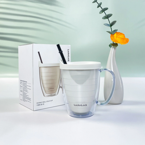 Ly Nhựa 2 Lớp LocknLock 360ml HAP525IVY Kèm Ống Hút Có Quai Cầm - Hàng Chính Hãng