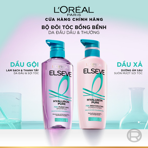 Bộ Gội Xả L’Oréal Paris Elseve Hyaluron 72H Pure/Moist 620ml 375ml - Tóc Mềm Mượt Nhẹ Bồng
