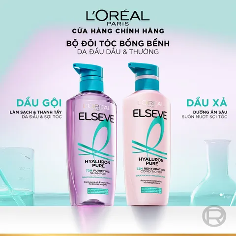Bộ Gội Xả L’Oréal Paris Elseve Hyaluron 72H Pure/Moist 620ml 375ml - Tóc Mềm Mượt Nhẹ Bồng 720780