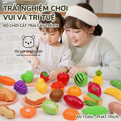 Bộ giỏ đồ chơi cắt trái cây cho bé 32 chi tiết kèm sticker phát triển kỹ năng phối hợp tay mắt