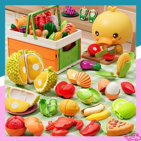 Bộ giỏ đồ chơi cắt trái cây cho bé 32 chi tiết kèm sticker phát triển kỹ năng phối hợp tay mắt