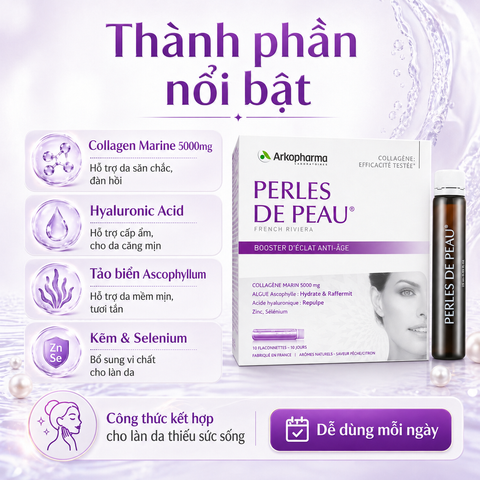 Arkopharma Perles De Peau Radiance Collagen 5000mg – Nước Uống Đẹp Da Pháp (Hộp 10 Ống)