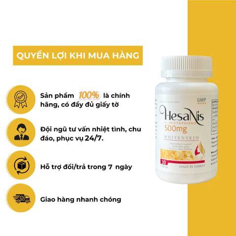 [1 tặng 1 DDVS] - Viên uống trắng da Hesanis ( Glutathion , Orthinin, Vitamin C) Thổ Nhĩ Kì - Hỗ trợ làm sáng da, trẻ hóa làn da