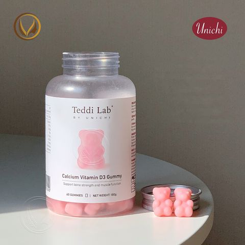 Kẹo dẻo bổ sung Canxi Vitamin D3 giúp xương chắc khỏe Unichi Teddi Lab Calcium Vitamin D3 Gummy 60 viên